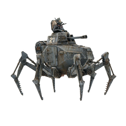 Konflikt '47 Vogelspinne Light Walker 452010201 – pomalowany plastikowy lekki walker Axis nr 21 na sześciu nogach w ciemnoszarym kamuflażu, widok z tyłu z figurką dowódcy w masce gazowej i detalami tylnego kadłuba z panelami i zawiasami, 28mm Konflikt '47 Warlord Games
