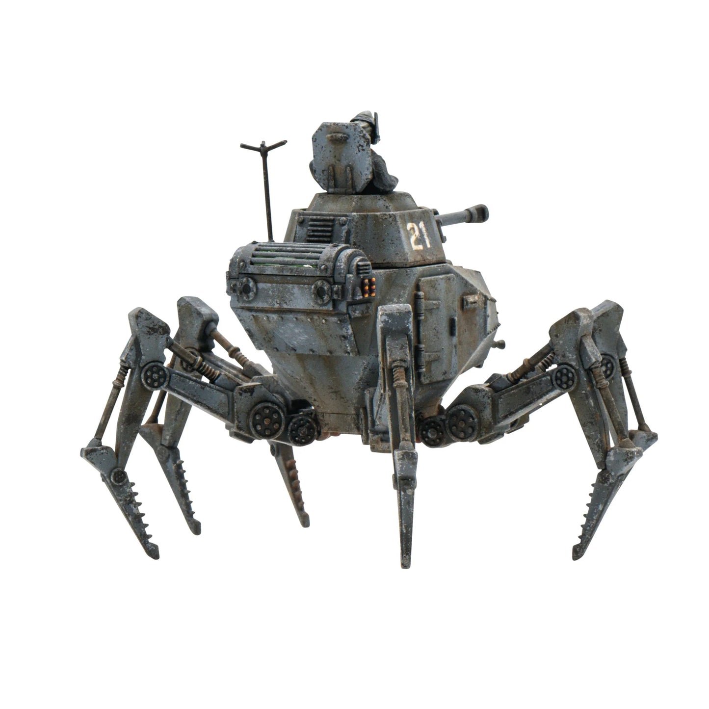 Konflikt '47 Vogelspinne Light Walker 452010201 – pomalowany plastikowy lekki walker Axis nr 21 na sześciu nogach w ciemnoszarym kamuflażu z zamkniętym włazem wieżyczki i anteną, widok z tyłu z detalami skrzyni na kadłubie i mechanizmów nóg, 28mm Konflikt '47 Warlord Games
