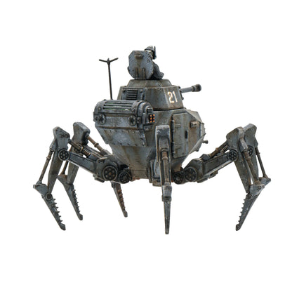 Konflikt '47 Vogelspinne Light Walker 452010201 – pomalowany plastikowy lekki walker Axis nr 21 na sześciu nogach w ciemnoszarym kamuflażu z zamkniętym włazem wieżyczki i anteną, widok z tyłu z detalami skrzyni na kadłubie i mechanizmów nóg, 28mm Konflikt '47 Warlord Games
