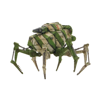Konflikt '47 Vogelspinne Light Walker 452010201 – pomalowany plastikowy lekki walker Axis nr 3 na sześciu nogach w zielono-kremowym kamuflażu w ukośne pasy z czarnym działem Maschinen Schwere i czerwonym numerem 3, widok z boku pod kątem, 28mm Konflikt '47 Warlord Games
