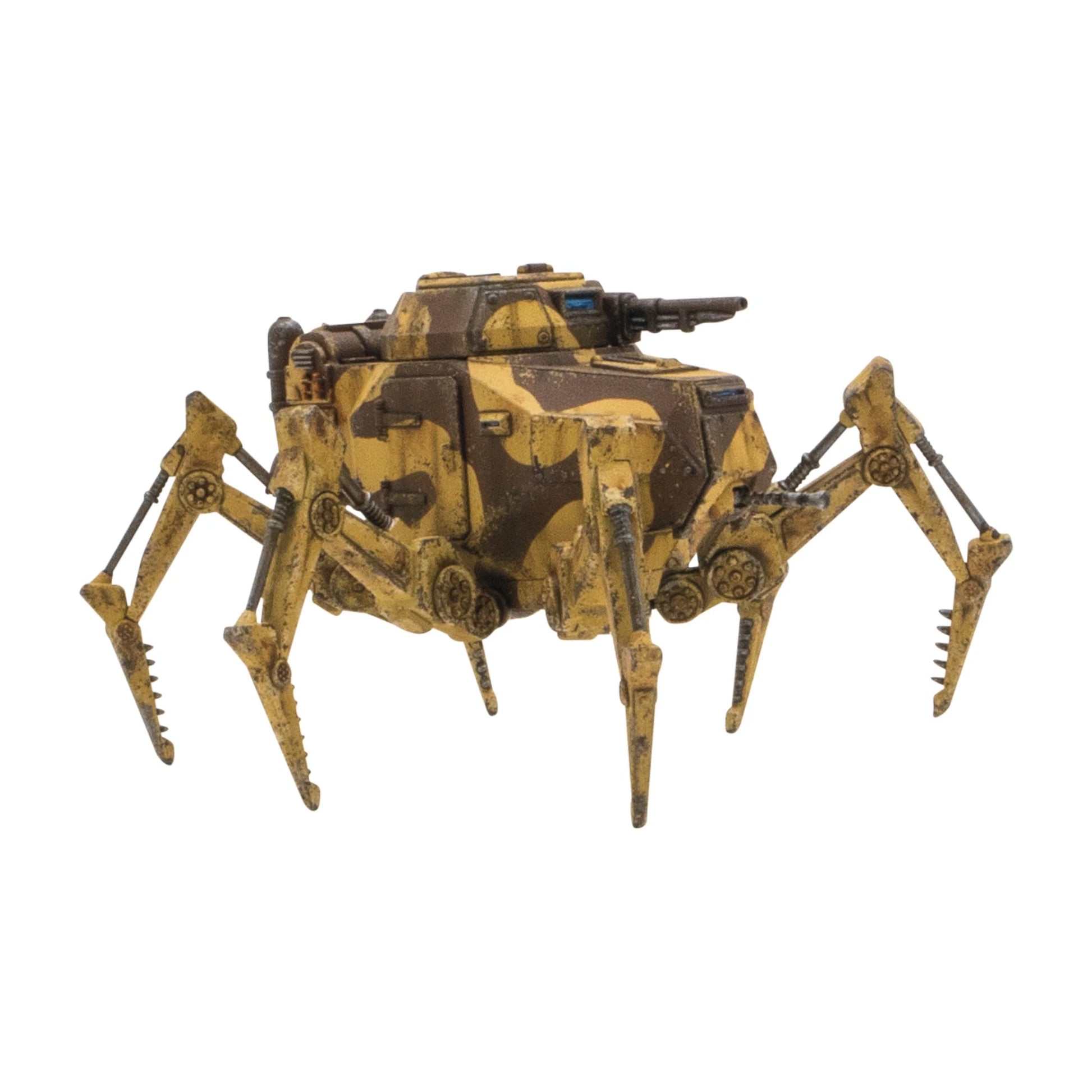 Konflikt '47 Vogelspinne Light Walker 452010201 – pomalowany plastikowy lekki walker Axis na sześciu nogach w żółto-brązowym kamuflażu pustynnym z zamkniętym włazem wieżyczki i działem automatycznym, widok z przodu pod kątem, 28mm Konflikt '47 Warlord Games

