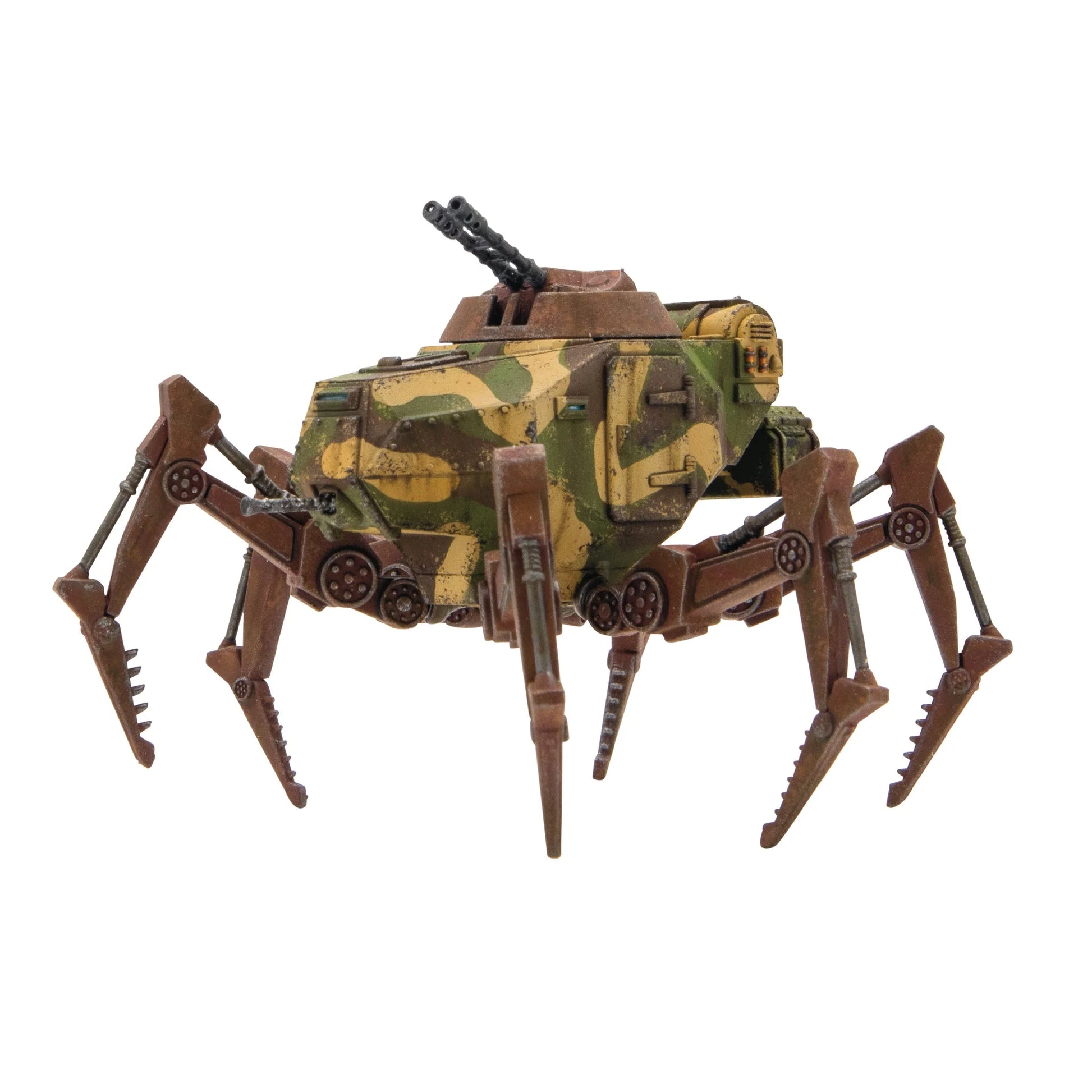 Konflikt '47 Vogelspinne Light Walker 452010201 – pomalowany plastikowy lekki walker Axis na sześciu nogach w zielono-żółto-brązowym kamuflażu z podwójnym działkiem automatycznym na wieżyczce bez włazu, widok z przodu pod kątem, 28mm Konflikt '47 Warlord Games
