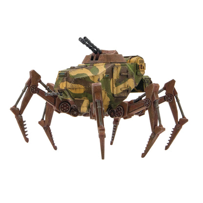 Konflikt '47 Vogelspinne Light Walker 452010201 – pomalowany plastikowy lekki walker Axis na sześciu nogach w zielono-żółto-brązowym kamuflażu z podwójnym działkiem automatycznym na wieżyczce bez włazu, widok z przodu pod kątem, 28mm Konflikt '47 Warlord Games
