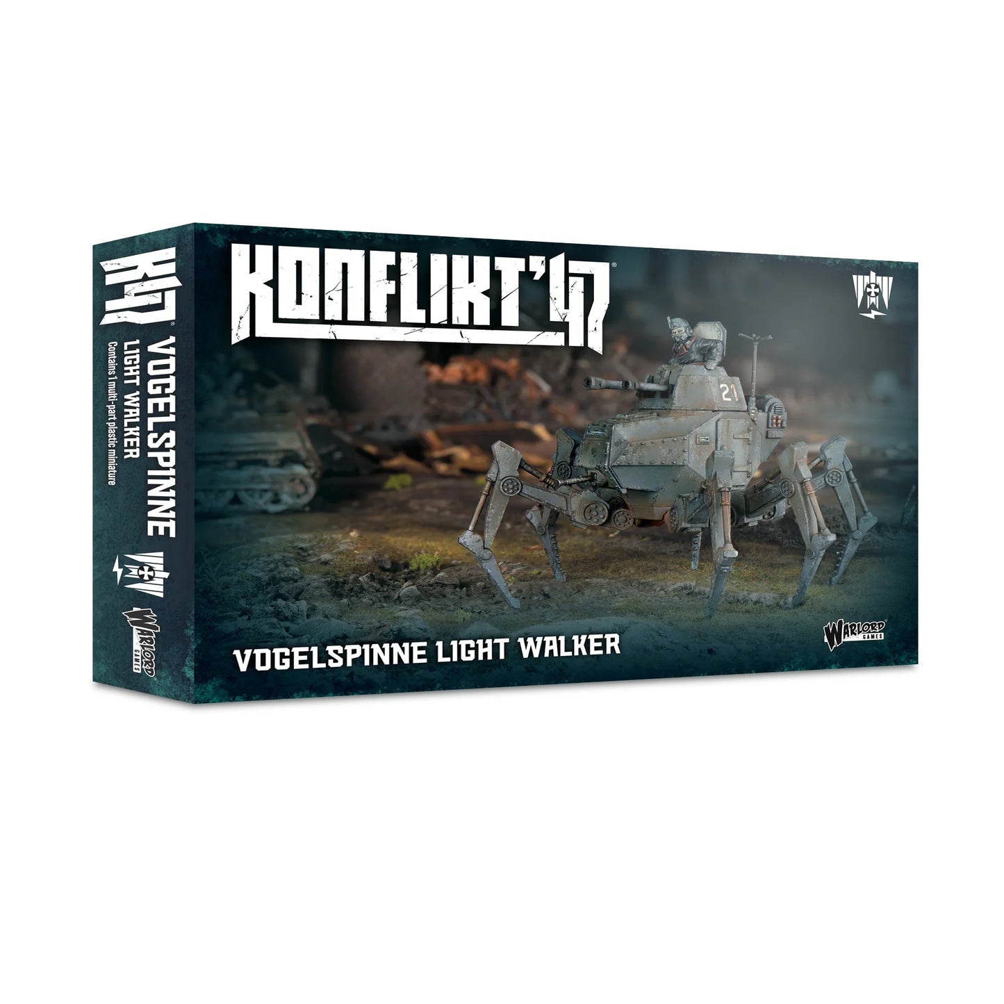 Pudełko Konflikt '47 Vogelspinne Light Walker 452010201 – ciemnozielone pudełko z logo Konflikt '47 i ilustracją: walker Vogelspinne nr 21 na sześciu nogach w szarym kamuflażu z figurką dowódcy w masce gazowej, kroczy przez ruiny przy ogniu w tle, napis Vogelspinne Light Walker Contains 1 multi-part plastic miniature, Warlord Games
