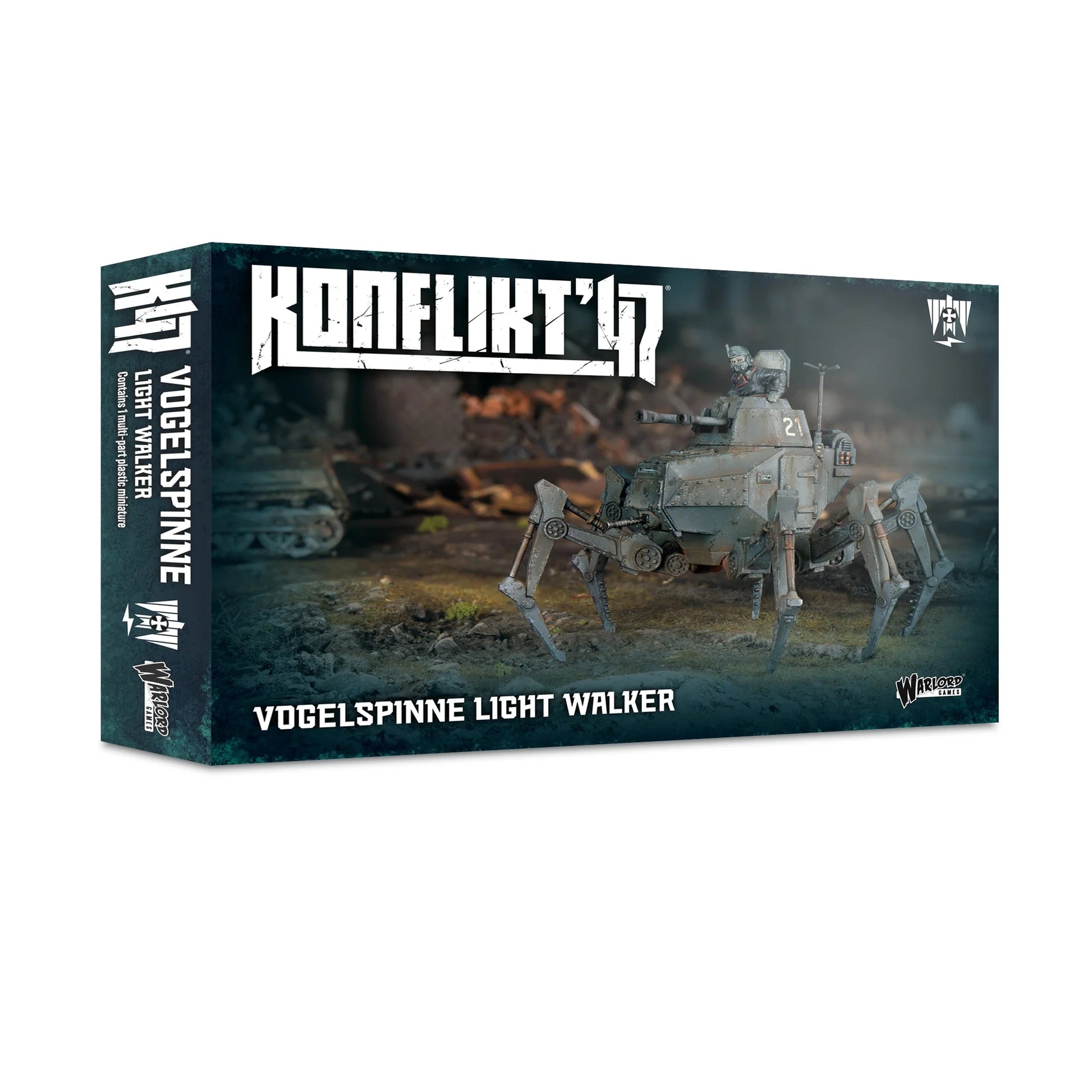 Pudełko Konflikt '47 Vogelspinne Light Walker 452010201 – ciemnozielone pudełko z logo Konflikt '47 i ilustracją: walker Vogelspinne nr 21 na sześciu nogach w szarym kamuflażu z figurką dowódcy w masce gazowej, kroczy przez ruiny przy ogniu w tle, napis Vogelspinne Light Walker Contains 1 multi-part plastic miniature, Warlord Games
