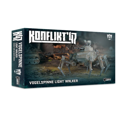 Pudełko Konflikt '47 Vogelspinne Light Walker 452010201 – ciemnozielone pudełko z logo Konflikt '47 i ilustracją: walker Vogelspinne nr 21 na sześciu nogach w szarym kamuflażu z figurką dowódcy w masce gazowej, kroczy przez ruiny przy ogniu w tle, napis Vogelspinne Light Walker Contains 1 multi-part plastic miniature, Warlord Games
