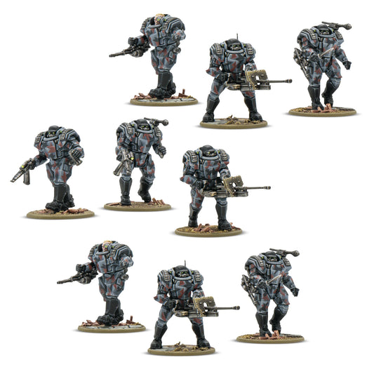 Stahltruppen Heavy Infantry Konflikt '47 Warlord Games – 9 figurek front, pancerne kombinezony, plastik 28mm
