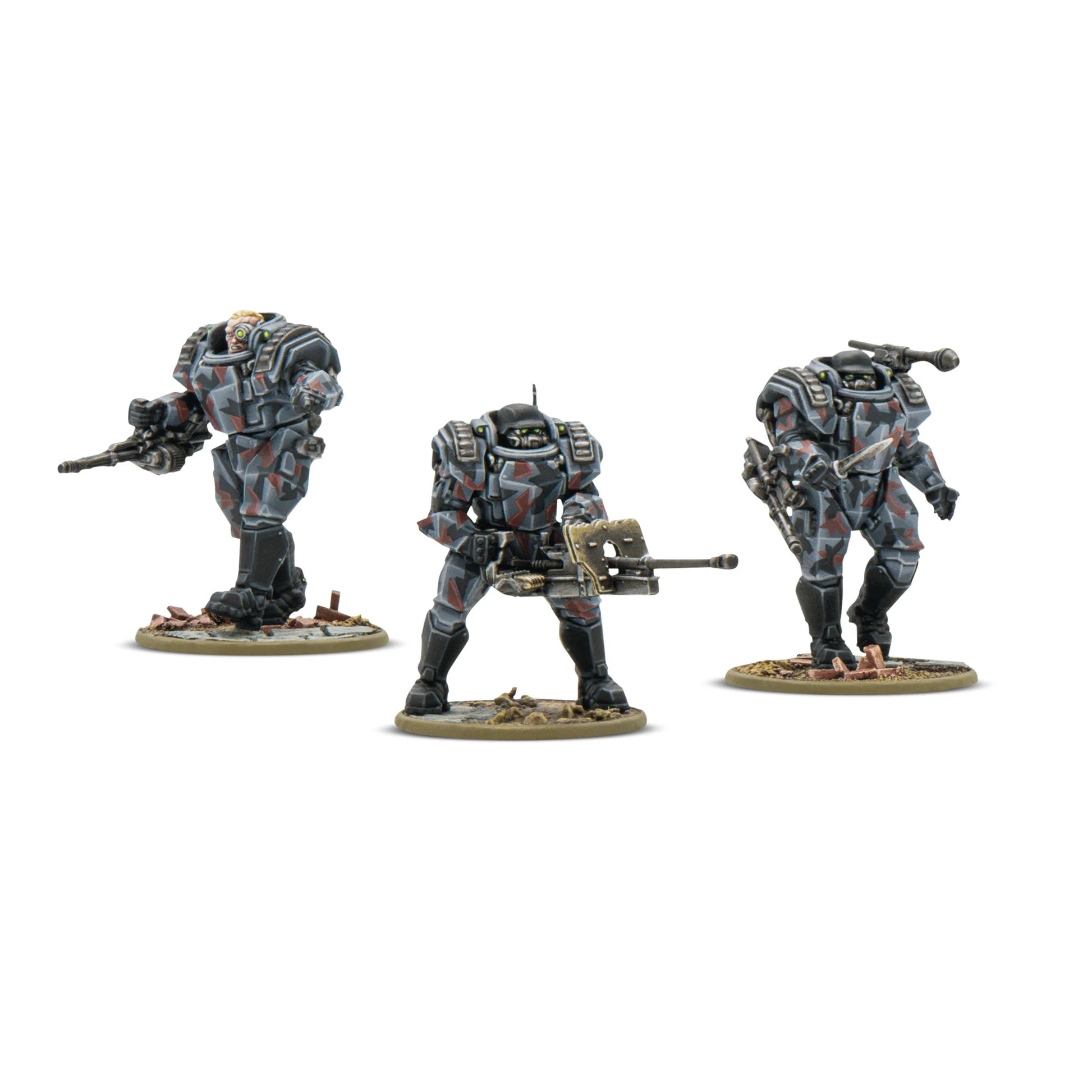 Stahltruppen Heavy Infantry Konflikt '47 Warlord Games – zbliżenie 3 figurek, detale pancerza, plastik 28mm
