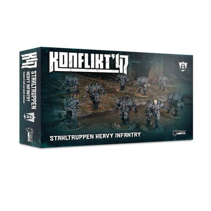 Stahltruppen Heavy Infantry pudełko Konflikt '47 Warlord Games 452010202 – 9 figurek plastikowych 28mm
