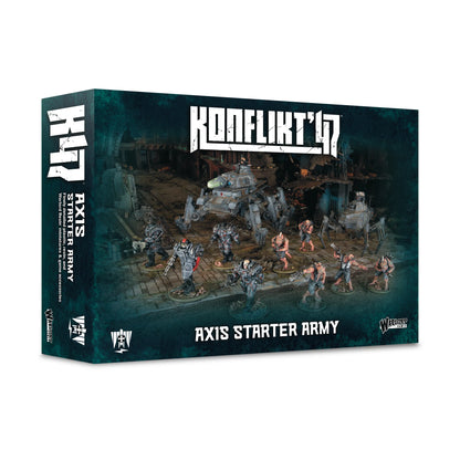 Pudełko Konflikt '47 Axis Starter Army 452010203 – ciemnozielone pudełko z logo Konflikt '47 i ilustracją: Panzer IV Ausf. X na sześciu nogach w ruinach fabryki, otoczony Stahltruppen w szarej zbroi wspomaganej i Nachtalben, napis Axis Starter Army Warlord Resin miniatures & game accessories, Warlord Games
