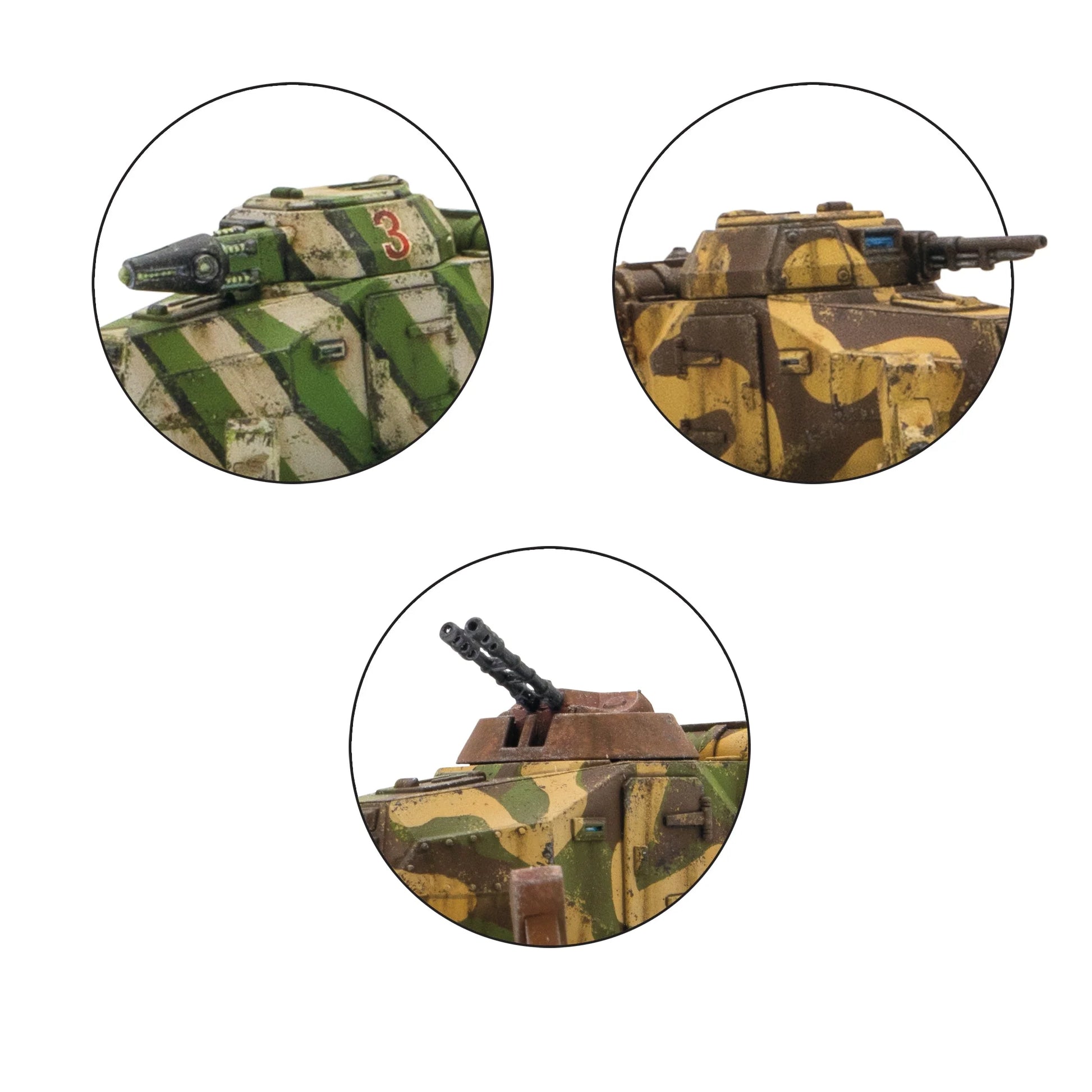 Konflikt '47 Panzer IV Ausf. X 452010203 – trzy zbliżenia na warianty malowania wieżyczki: zielono-kremowy kamuflaż z czerwoną cyfrą 3 i działem Rift po lewej, żółto-brązowy kamuflaż z działem bocznym, żółto-zielony kamuflaż z podwójnym działem przeciwlotniczym na wieżyczce, 28mm Konflikt '47 Warlord Games
