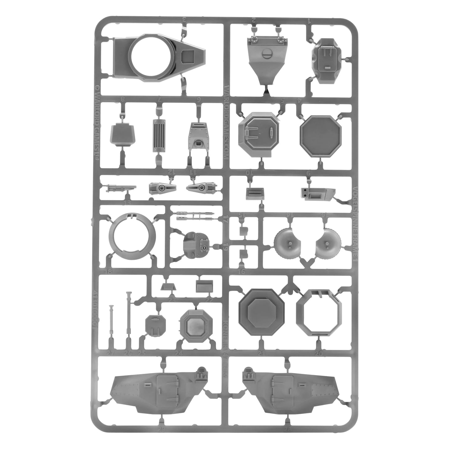 Konflikt '47 Panzer IV Ausf. X Sprue 452010203 – szara plastikowa ramka z elementami ciężkiego walkera Panzer IV Ausf. X: dwa segmenty kadłuba, wieżyczka, projektor grawitacyjny Schwerefeld, ośmiokątne tarcze boczne, elementy uzbrojenia, antena i akcesoria montażowe, 28mm Warlord Games

