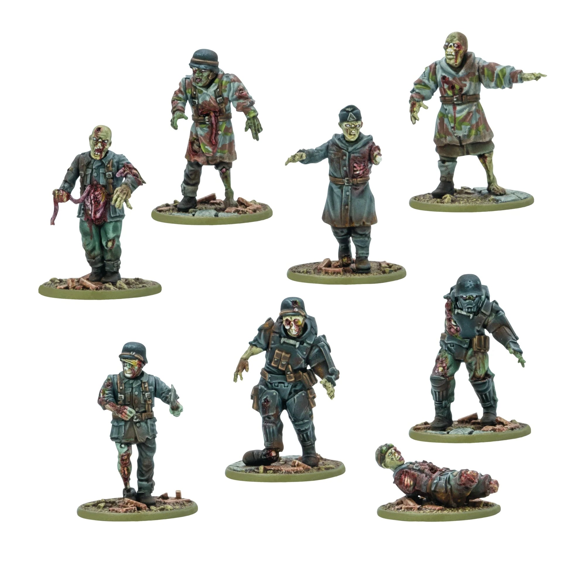 Totenkorps Horde – 8 figurek od frontu: nieumarli żołnierze w mundurach Osi i USA, zombie w hełmach stalowych, płaszczach i zbroi Schwertruppen, skala 28mm Konflikt '47
