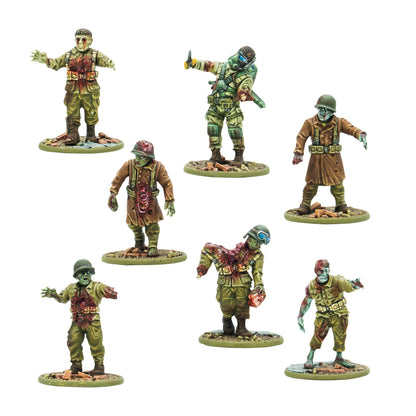 Totenkorps Horde – 7 figurek nieumarłych żołnierzy USA od frontu: zombie w mundurach oliwkowych, hełmach M1, US Firefly z niebieskimi googlami i miotaczem ognia, skala 28mm Konflikt '47
