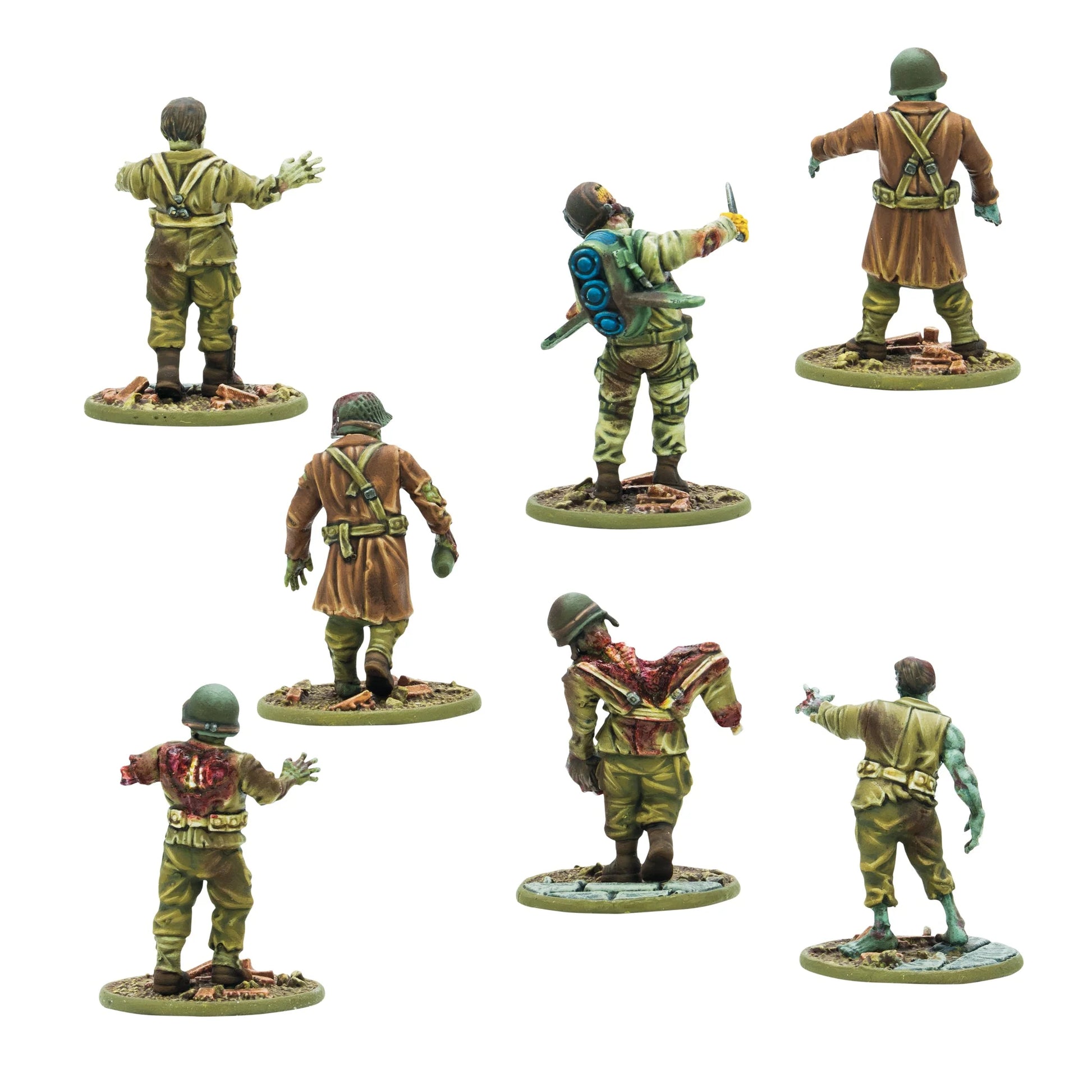Totenkorps Horde – 7 figurek nieumarłych żołnierzy USA od tyłu: detale mundurów oliwkowych, ekwipunku i plecaka miotacza ognia US Firefly, skala 28mm Konflikt '47
