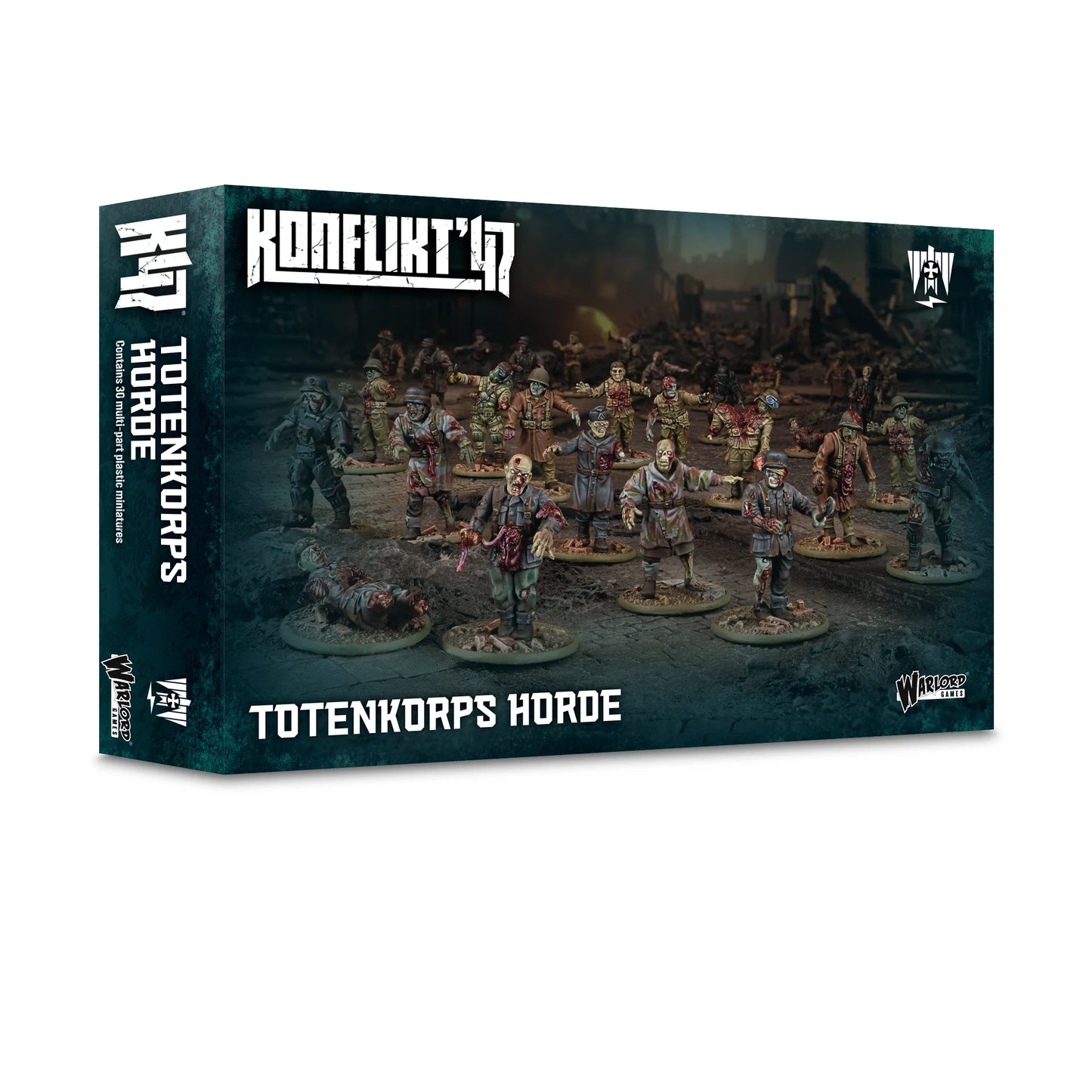 Totenkorps Horde – pudełko zestawu Konflikt '47: 30 plastikowych figurek nieumarłych żołnierzy, logo K47 i Warlord Games, ciemnozielone tło z hordą Totenkorps
