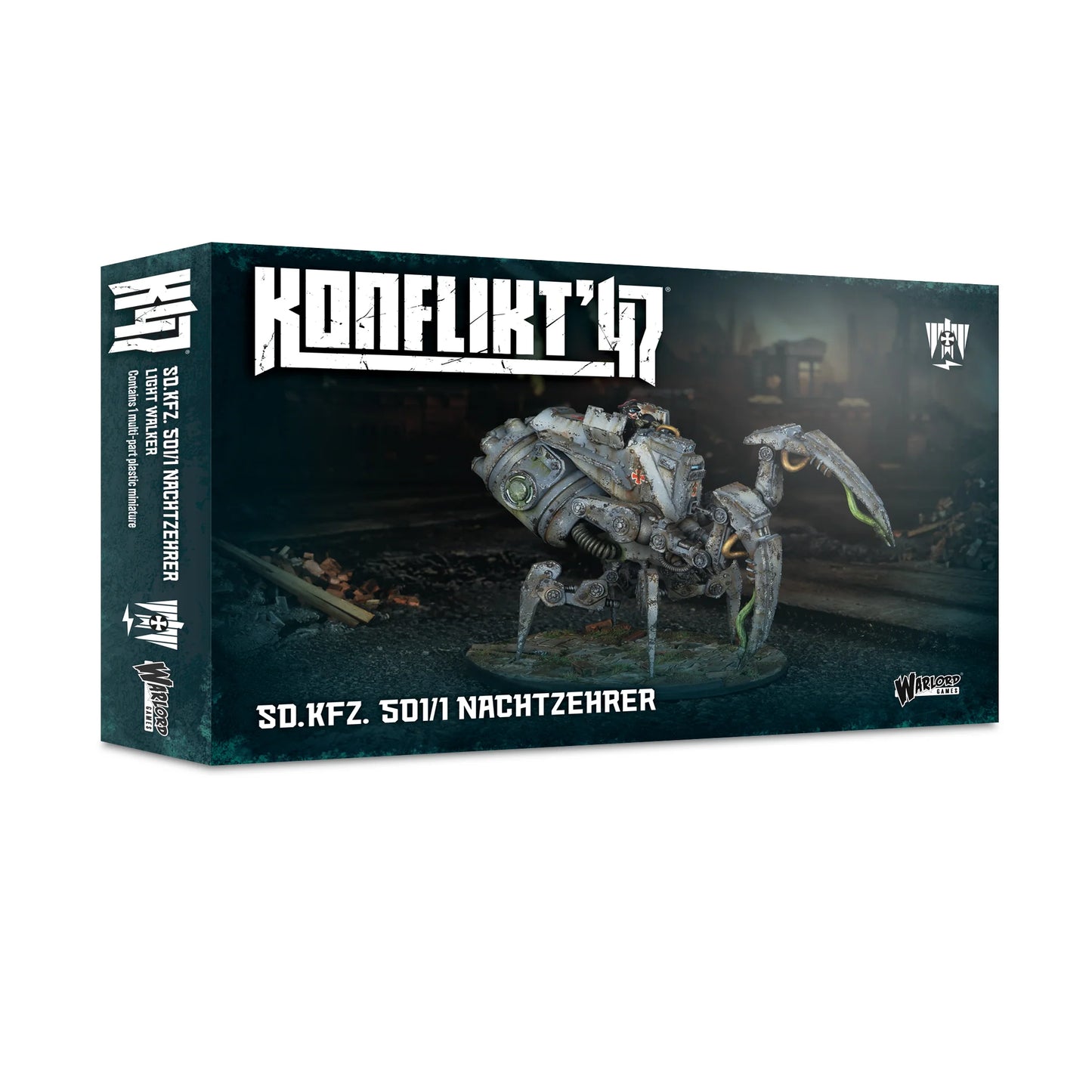 Sd.Kfz. 501/1 Nachtzehrer – pudełko zestawu Konflikt '47: plastikowy light walker Osi, ciemnozielone tło z modelem na torach, logo K47 i Warlord Games
