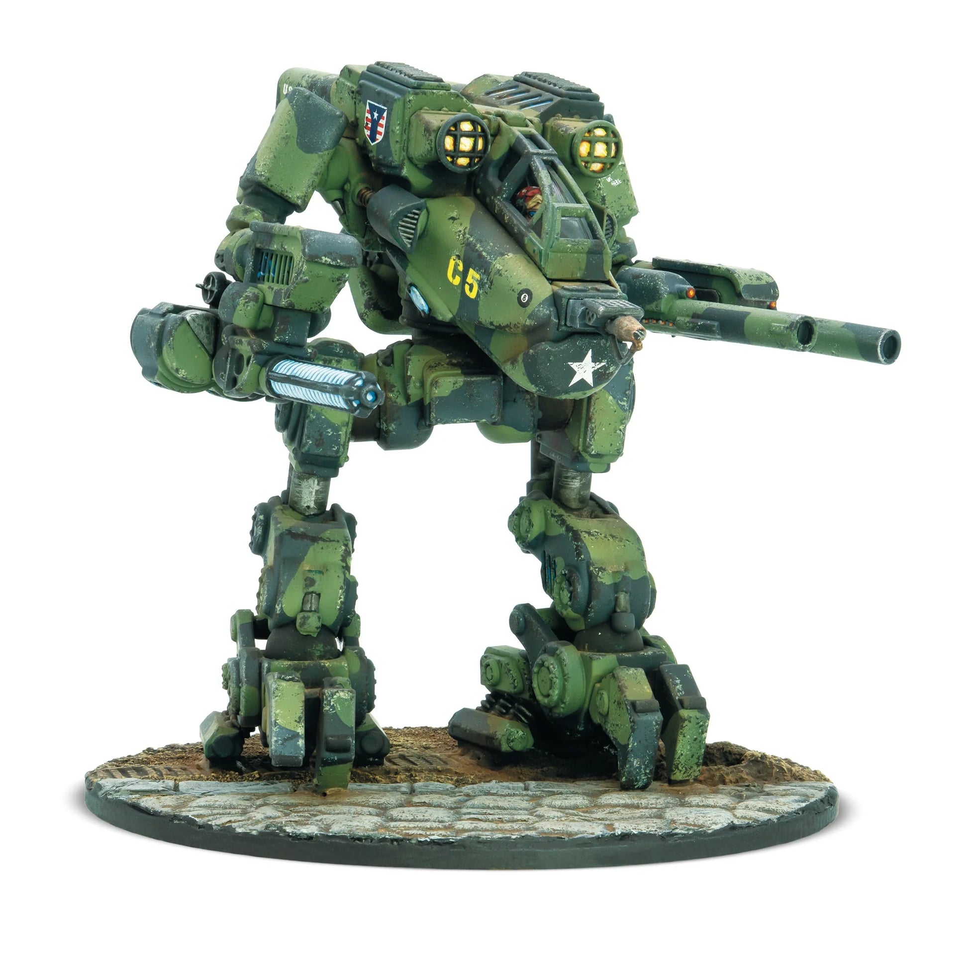 Konflikt '47 Linebacker Jump Walker 452010403 – zbliżenie na opcje uzbrojenia: bliźniacze HMG i bliźniacze działka automatyczne, 28mm Warlord Games
