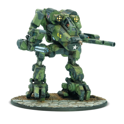 Konflikt '47 Linebacker Jump Walker 452010403 – zbliżenie na opcje uzbrojenia: bliźniacze HMG i bliźniacze działka automatyczne, 28mm Warlord Games
