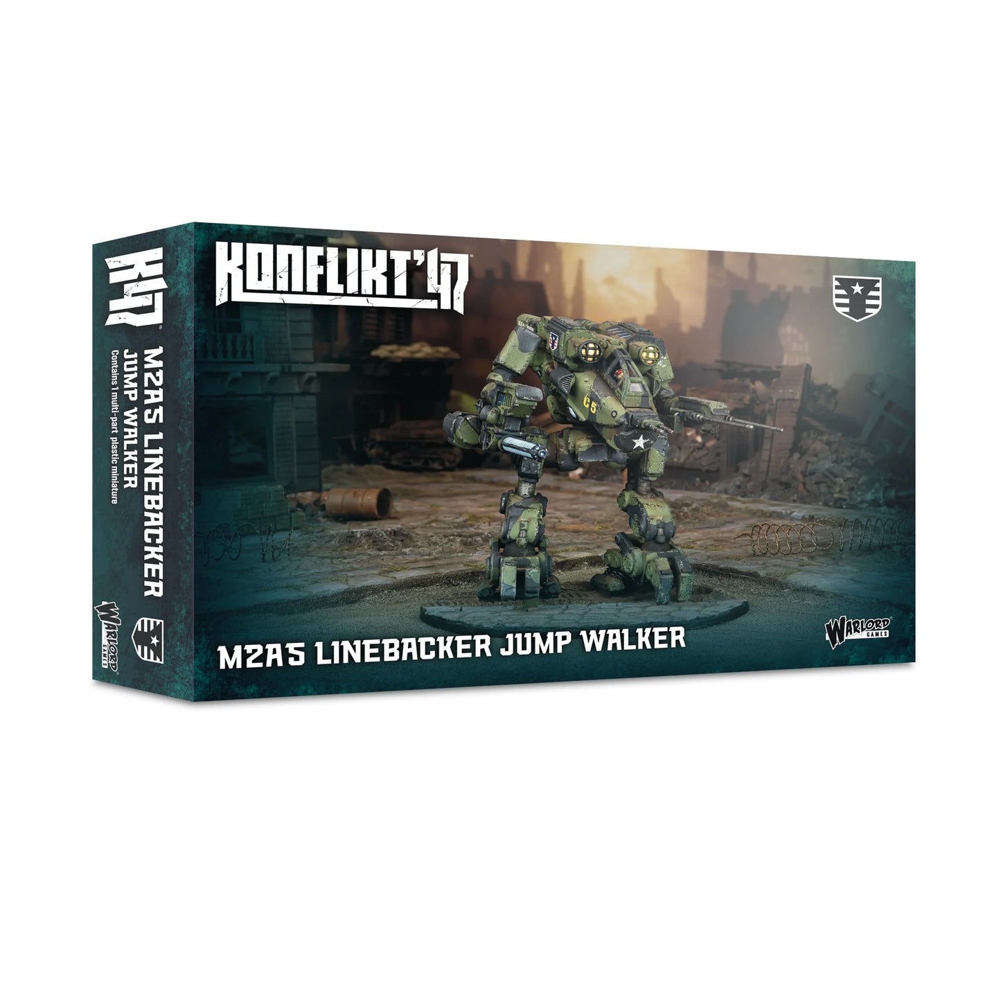 Pudełko Konflikt '47 M2A5 Linebacker Jump Walker 452010403 – ciemnozielone pudełko z logo Konflikt '47, ilustracja walkera na tle ruin, napis M2A5 Linebacker Jump Walker Contains 1 multi-part plastic miniature, Warlord Games
