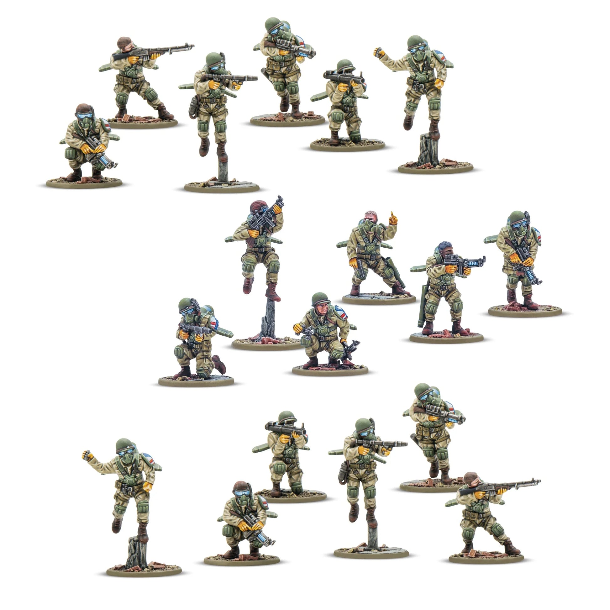 Firefly Airborne Infantry – 18 figurek piechoty USA, widok z przodu, uzbrojenie i maski gazowe | Konflikt '47 | 28mm
