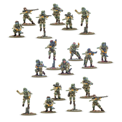 Firefly Airborne Infantry – 18 figurek piechoty USA, widok z przodu, uzbrojenie i maski gazowe | Konflikt '47 | 28mm
