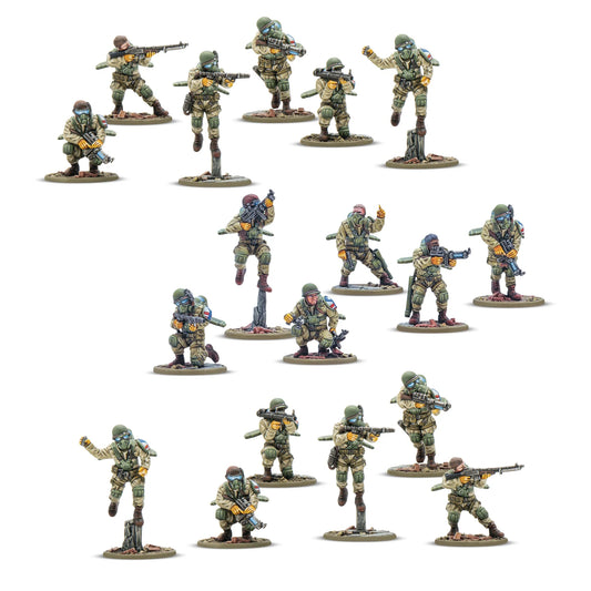 Firefly Airborne Infantry – 18 figurek piechoty USA, widok z przodu, uzbrojenie i maski gazowe | Konflikt '47 | 28mm

