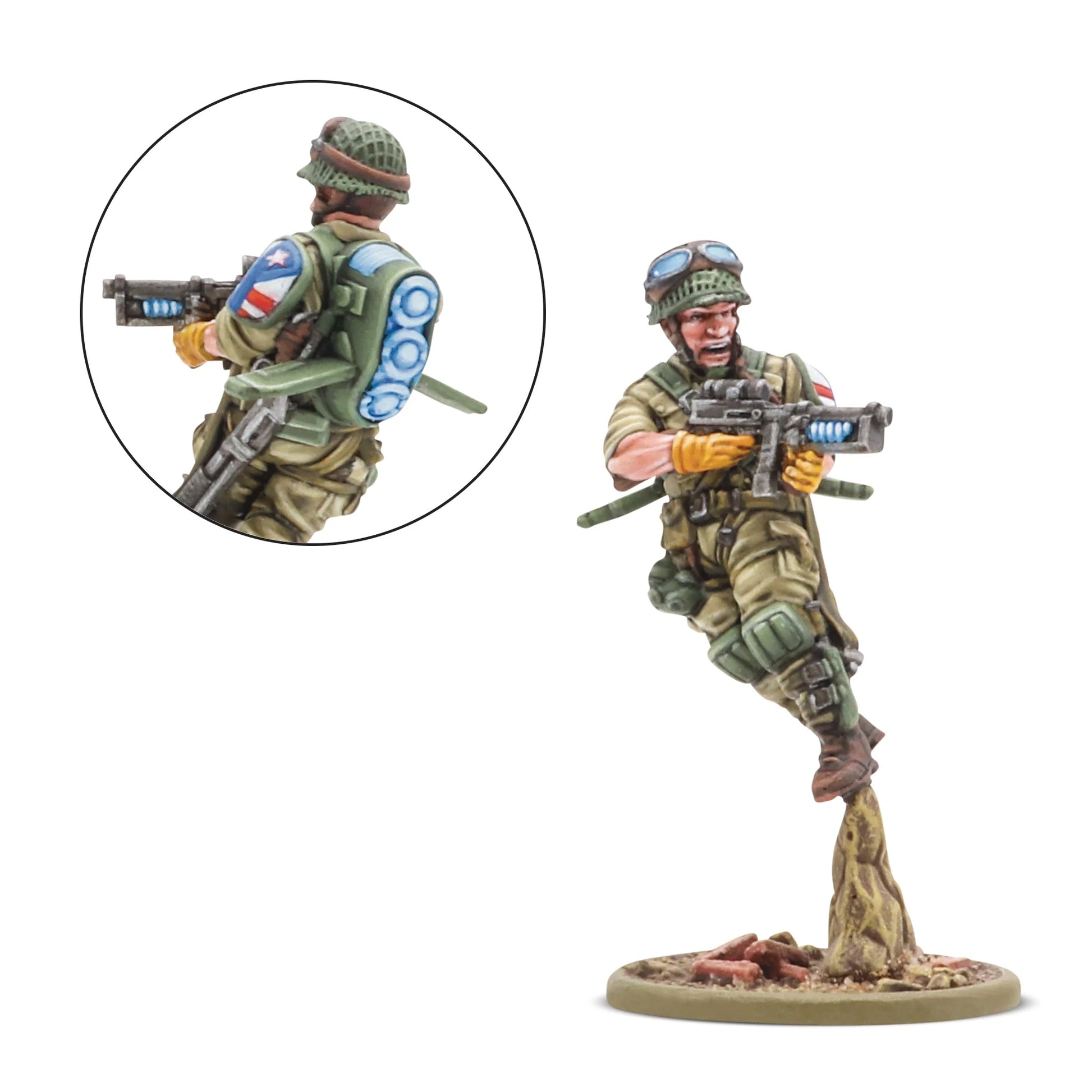 Konflikt '47 United States Starter Army 452010405 – 12 pomalowanych plastikowych figurek Firefly Airborne Infantry USA widok z tyłu: detale niebieskich repulsorlift pack z flagą USA i dyskami Rift, różne pozy bojowe – biegnące, kucające i strzelające, dwa plutony w oliwkowym i piaskowym kamuflażu, 28mm Konflikt '47 Warlord Games
