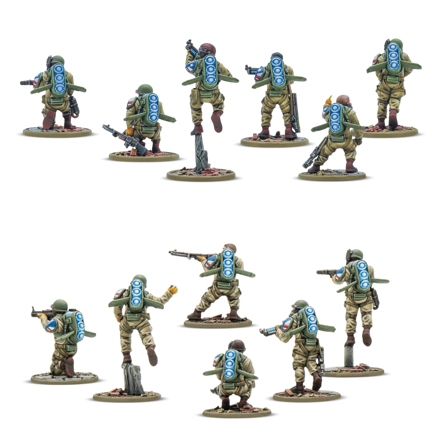 Konflikt '47 United States Starter Army 452010405 – 12 pomalowanych plastikowych figurek Firefly Airborne Infantry USA w dwóch plutonach: górny rząd – 6 figurek w oliwkowym kamuflażu z repulsorlift pack i M1X Thompson, dolny rząd – 6 figurek w piaskowym kamuflażu z karabinami i LMG, różne pozy bojowe, 28mm Konflikt '47 Warlord Games
