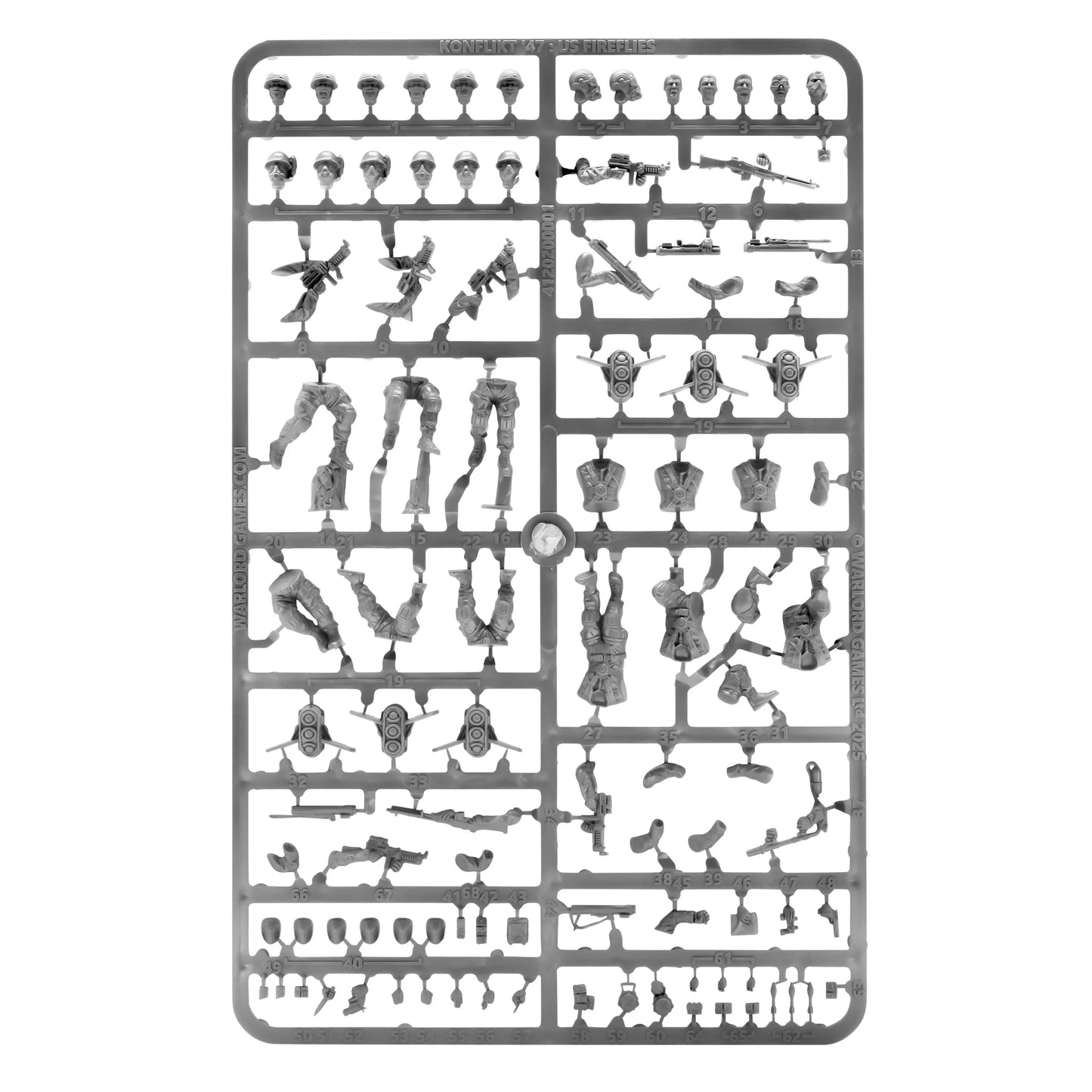 Konflikt '47 US Fireflies Sprue 452010405 – szara plastikowa wypraska Konflikt '47 US Fireflies z elementami 12 figurek Firefly Airborne Infantry: głowy w hełmach i maskach, tułowia, nogi, repulsorlift pack z dyskami Rift, karabiny M1X Thompson, LMG, Panzerfausty i akcesoria montażowe, 28mm Warlord Games
