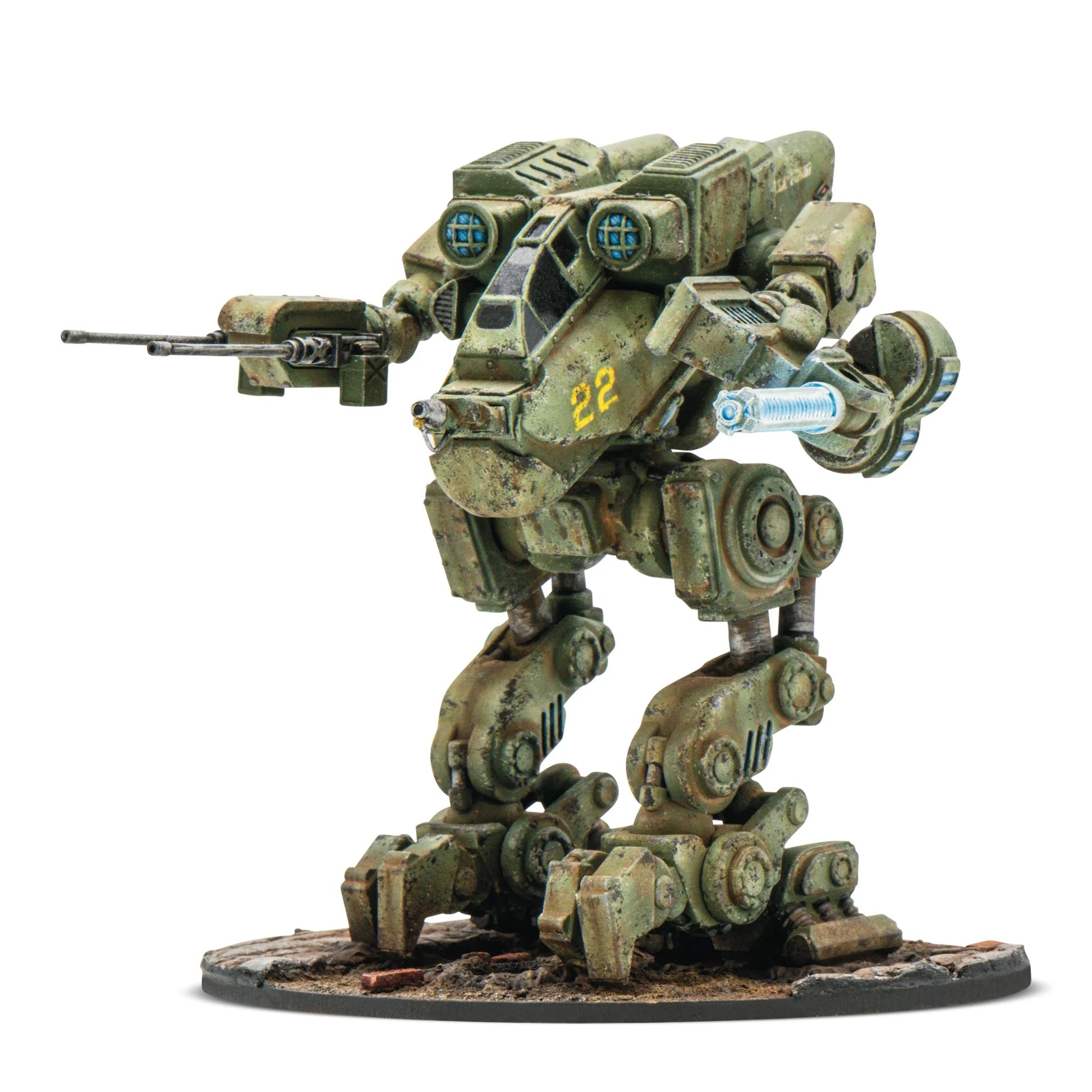 Konflikt '47 United States Starter Army 452010405 – pomalowany plastikowy walker M2A5 Linebacker nr 22 w oliwkowo-piaskowym kamuflażu: dwunożny ciężki walker z karabinem maszynowym w lewym ramieniu i niebieskim projektorem Tesli w prawym, żółty numer 22 na kadłubie, widok z przodu pod kątem, okrągła podstawka z gruzem, 28mm Konflikt '47 Warlord Games
