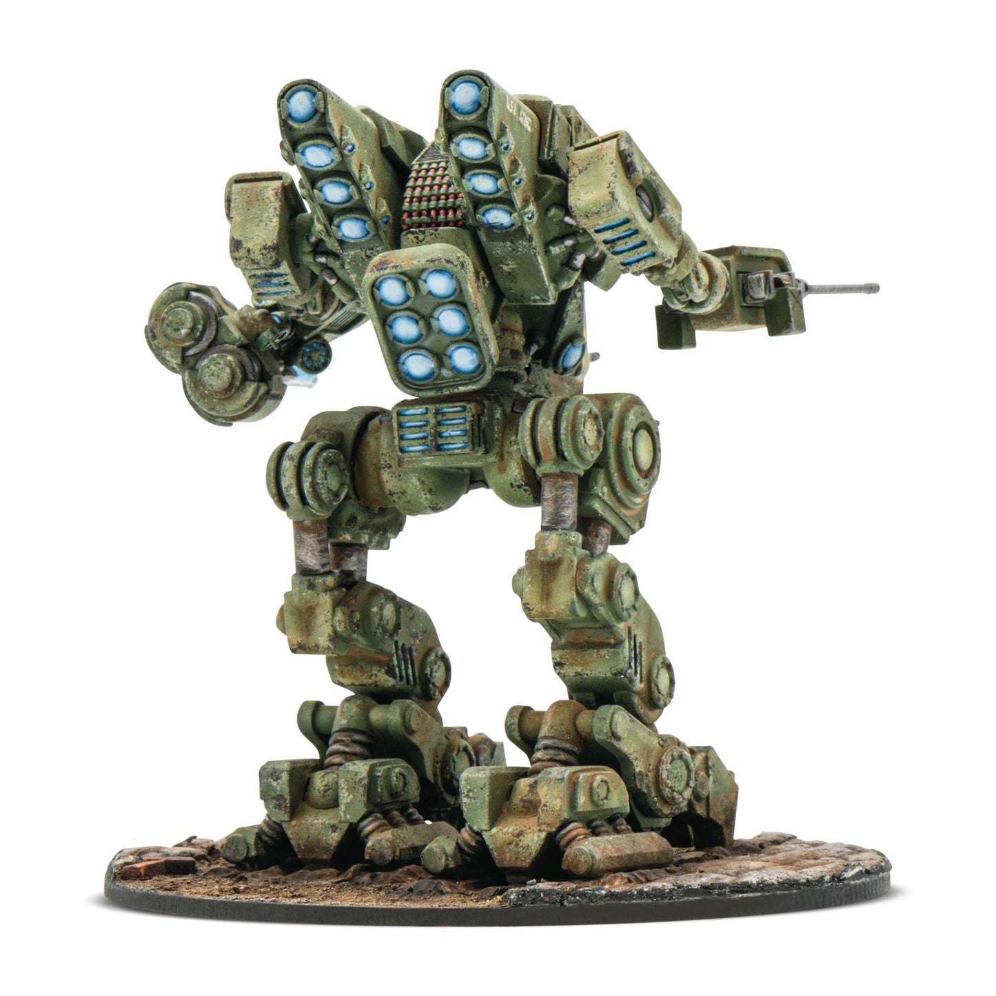 Konflikt '47 United States Starter Army 452010405 – pomalowany plastikowy walker M2A5 Linebacker w oliwkowo-piaskowym kamuflażu: dwunożny ciężki walker z niebieskimi wyrzutniami rakiet Rift na plecach, karabinem maszynowym w prawym ramieniu i projektorem Tesli w lewym, widok z tyłu pod kątem, okrągła podstawka z gruzem, 28mm Konflikt '47 Warlord Games
