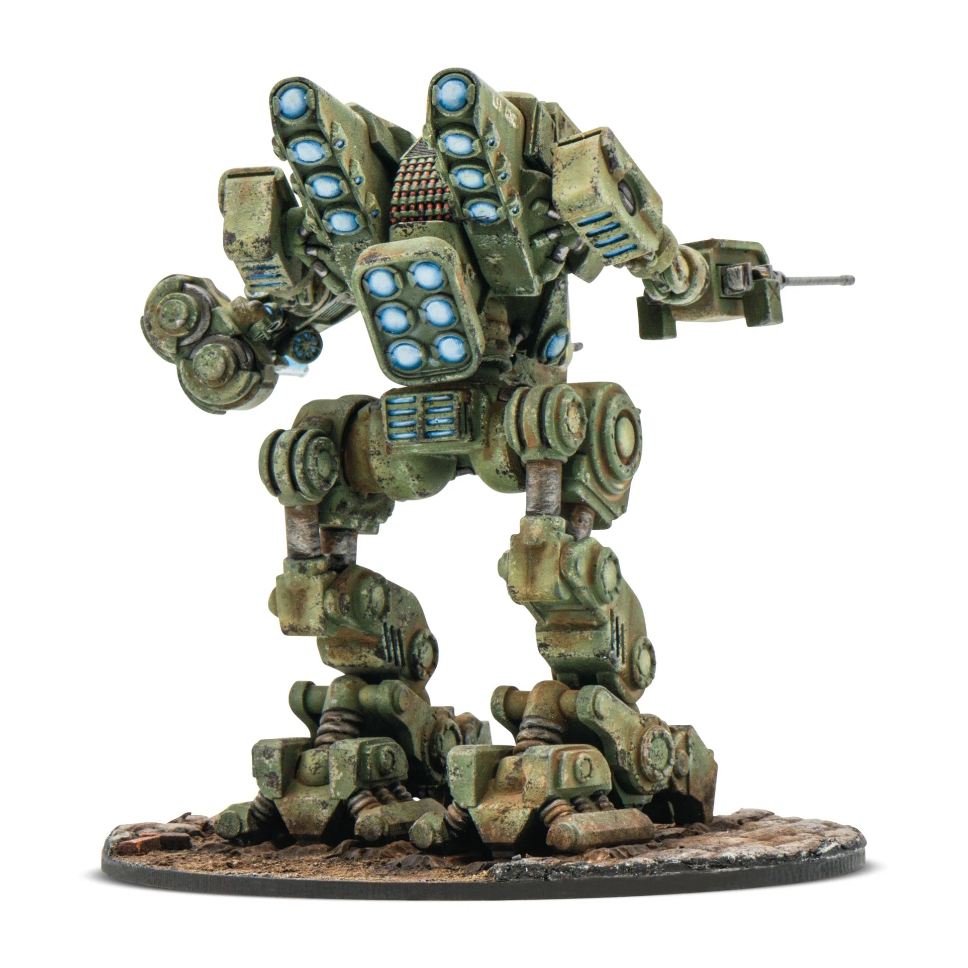 Konflikt '47 United States Starter Army 452010405 – pomalowany plastikowy walker M2A5 Linebacker w oliwkowo-piaskowym kamuflażu: dwunożny ciężki walker z niebieskimi wyrzutniami rakiet Rift na plecach, karabinem maszynowym w prawym ramieniu i projektorem Tesli w lewym, widok z tyłu pod kątem, okrągła podstawka z gruzem, 28mm Konflikt '47 Warlord Games

