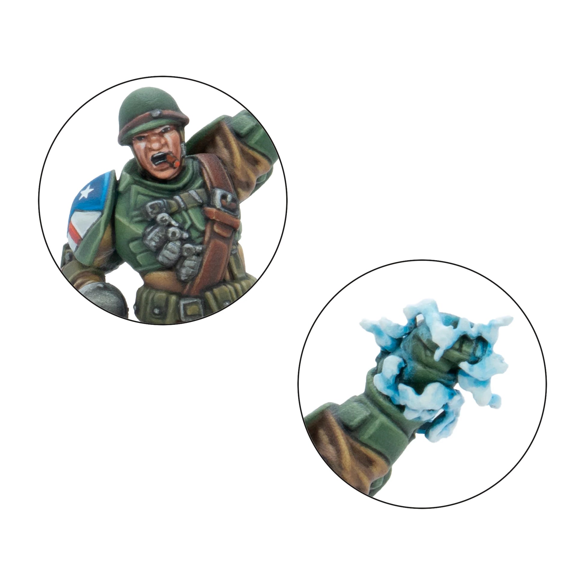 Warlord Games Konflikt '47 Slammer Samuels The First Paragon – zbliżenie detali 28mm: głowa żołnierza w hełmie M1 z otwartymi ustami (krzyk bojowy) i tarczą z flagą USA (góra), zbliżenie Tesla Gauntlet z niebieską energią elektryczną (dół), K47