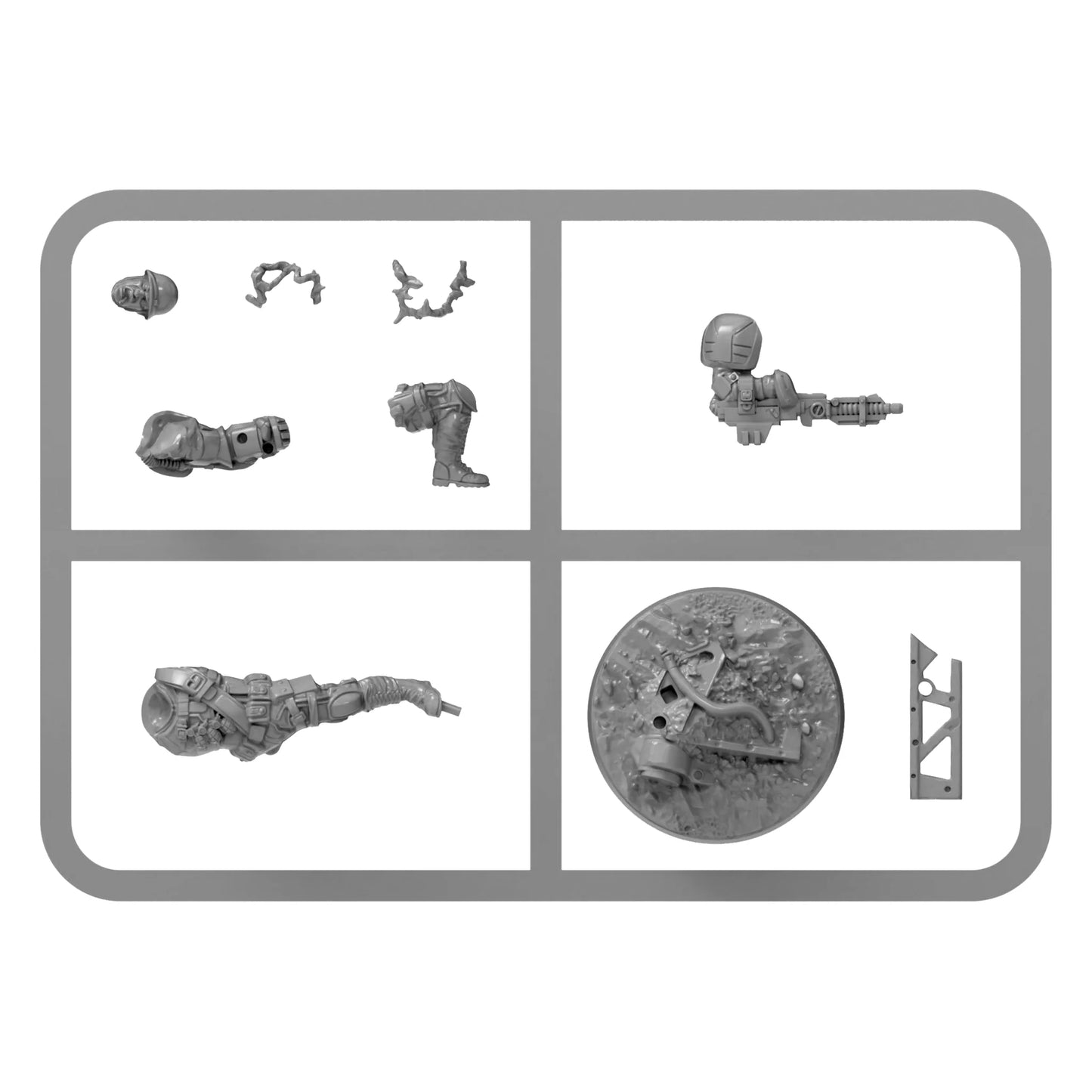 Warlord Games Konflikt '47 Slammer Samuels The First Paragon – wypraska plastikowa 28mm: głowa w hełmie M1, tułów z plecakiem reaktora Rift-tech, ręka z Tesla Gauntlet i energią elektryczną, ręka z ciężkim karabinem Tesla, nogi, podstawka owalna z przeszkodami i element dekoracyjny, K47 1/56
