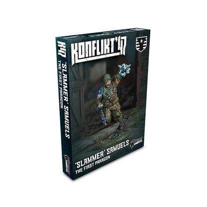 Warlord Games Konflikt '47 Slammer Samuels The First Paragon – pudełko Konflikt '47 Slammer Samuels The First Paragon: 1 multi-part plastic 28mm miniature, ciemnozielone tło z ilustracją Samuels’a w akcji, logo Konflikt '47 i Warlord Games, Pan-Atlantic Alliance K47