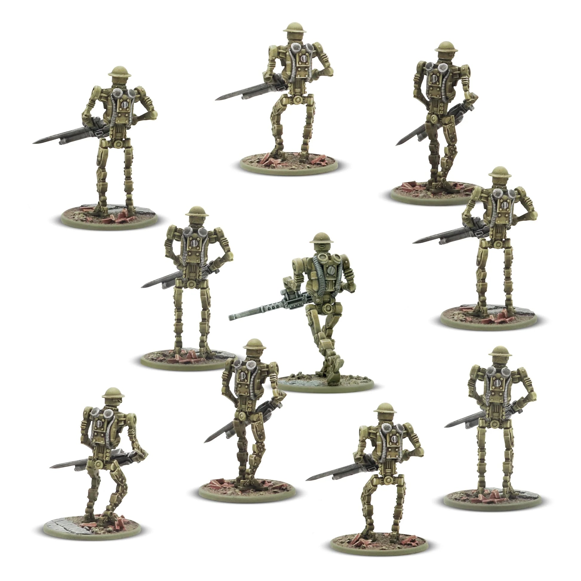 Mk I Automated Infantry – 10 pomalowanych figurek 28mm brytyjskiej automatycznej piechoty z karabinami maszynowymi, widok z przodu, Konflikt '47, Warlord Games 452010603
