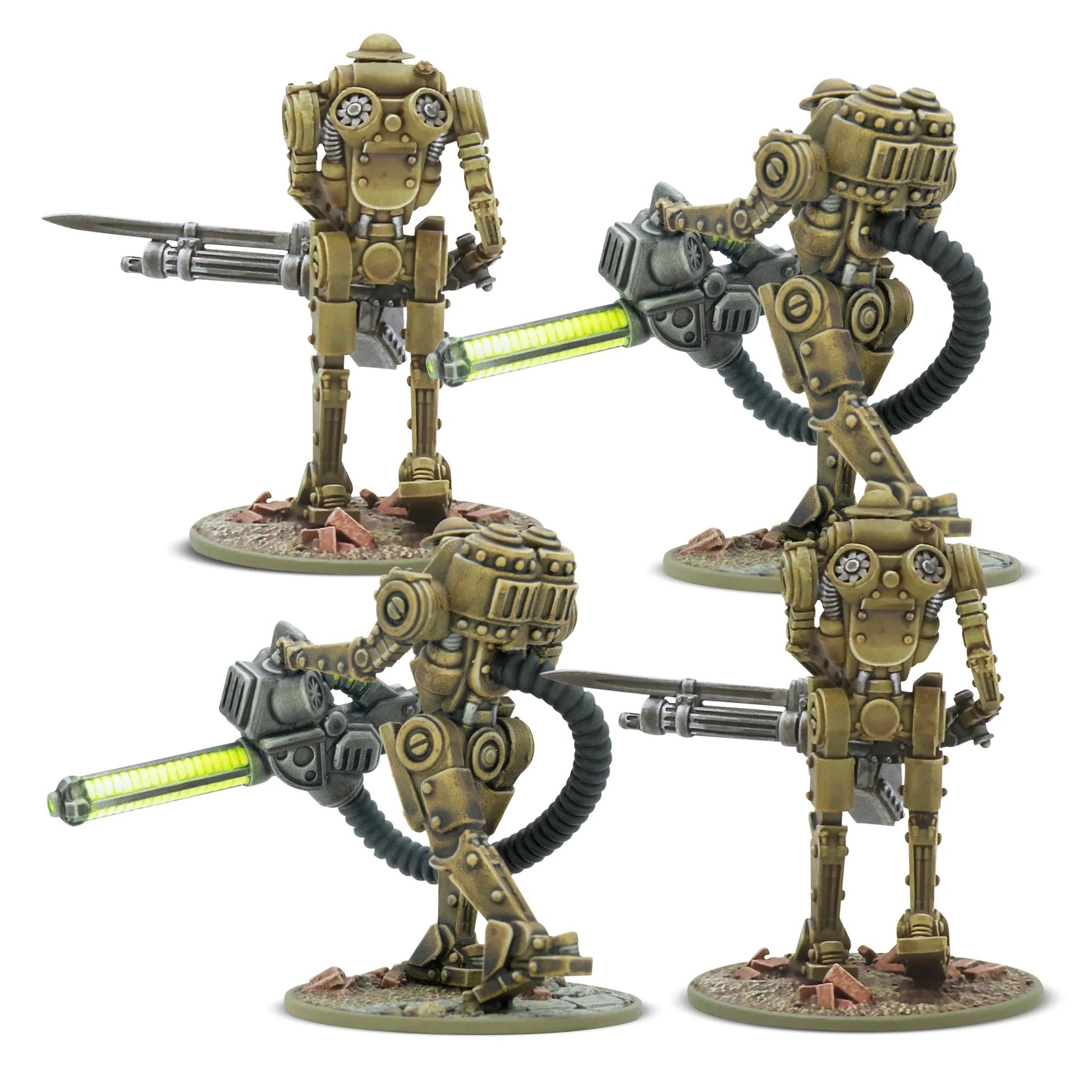 Mk II Heavy Automated Infantry – 4 plastikowe figurki automatonów w skali 28mm, widok z tyłu, szczegóły kondensatorów Tesli i kabli zasilających