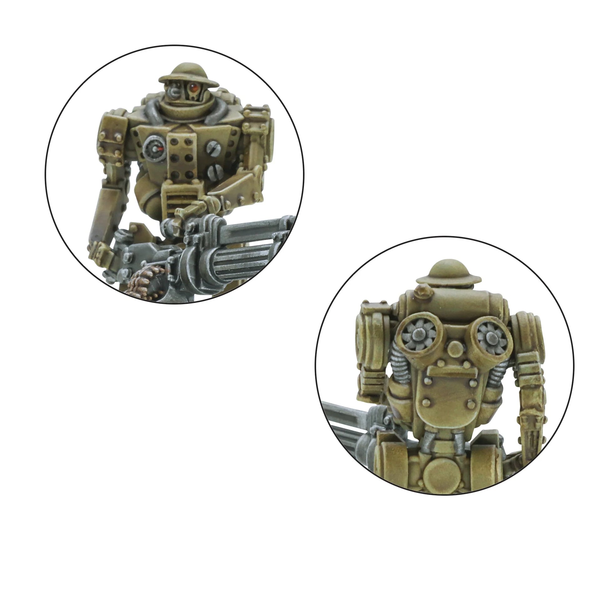 Mk II Heavy Automated Infantry – zbliżenie na głowę i tors automatona: szczegóły optycznych sensorów, nitowanych płyt pancernych i mechanicznych ramion