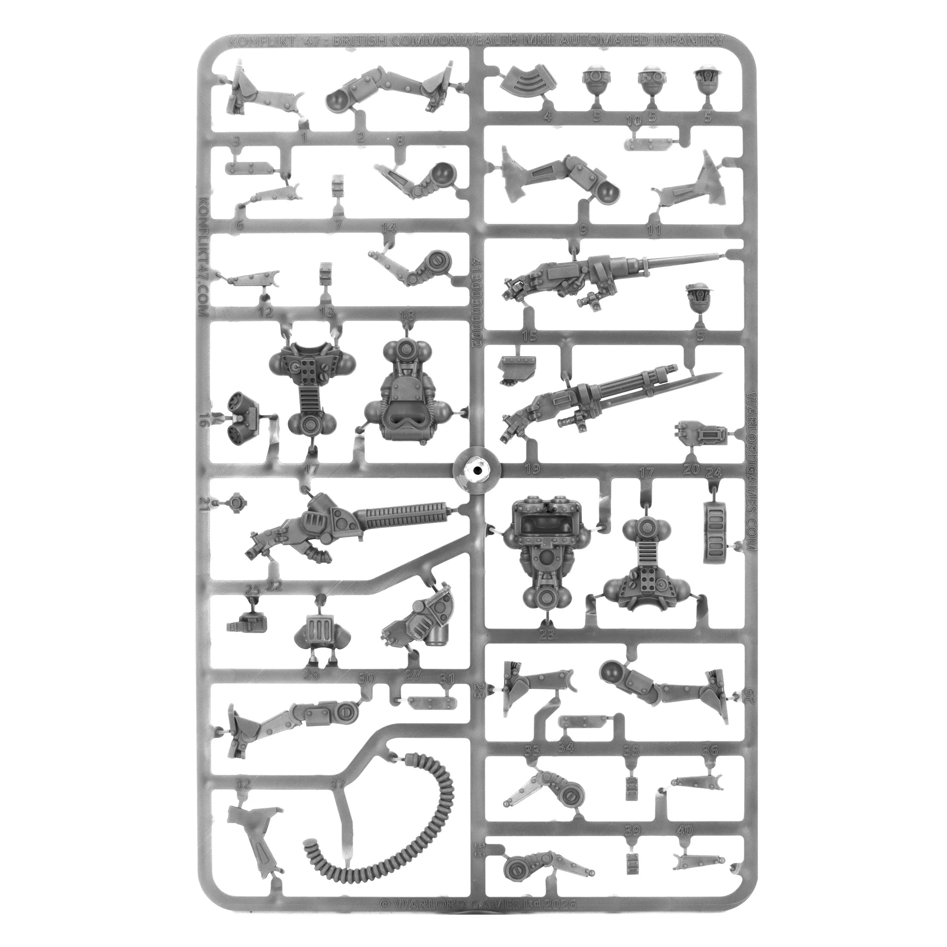 Mk II Heavy Automated Infantry – wypraska plastikowa z elementami do złożenia 4 figurek: korpusy, nogi, ramiona, Ciężkie Działko Automatyczne, Lekkie Działko Tesli M21 i węże kabli
