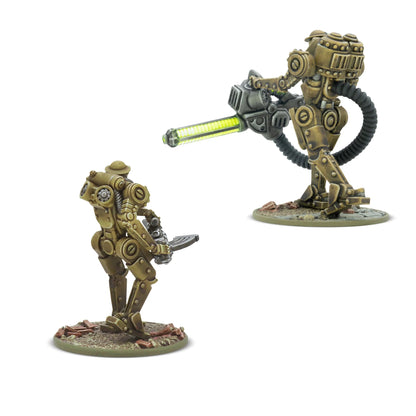 Warlord Games Automated Infantry – Mk I z bagnetem i Mk II Heavy z działem energetycznym, widok z boku 28mm Konflikt '47