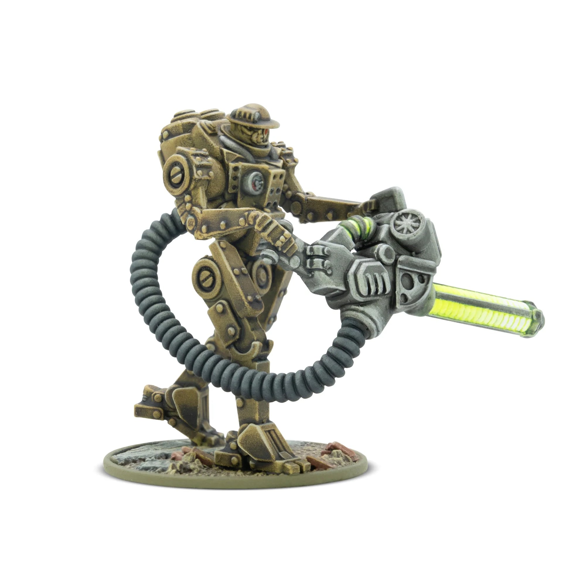 Warlord Games Mk II Heavy Automated Infantry – zbliżenie robota z działem energetycznym i wężami zasilającymi 28mm Konflikt '47