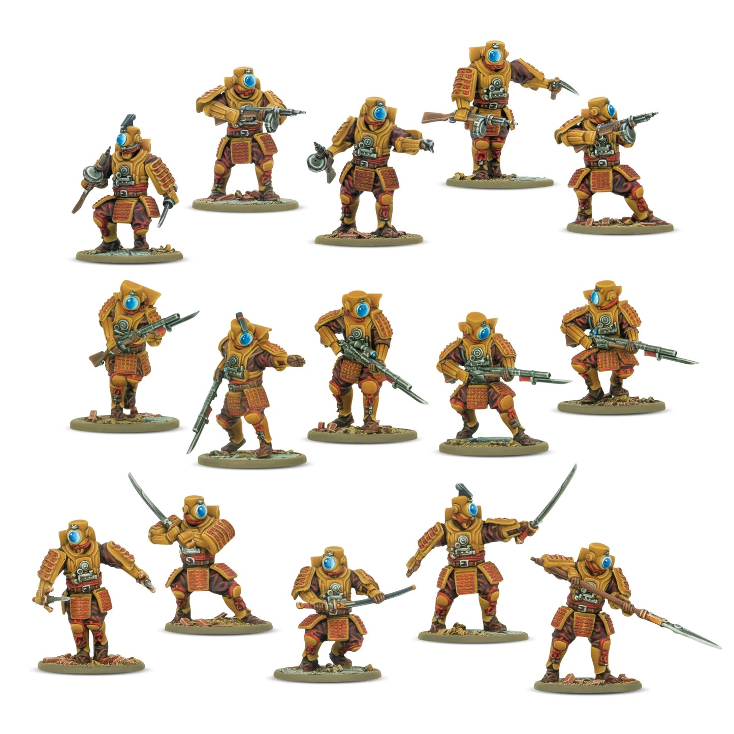Warlord Games Konflikt '47 Ghost Attack Infantry – 15 figurek plastikowych 28mm Ghost Attack Squad: żołnierze w żółto-brązowej zbroi wspomaganej z niebieskimi wizjerami, uzbrojeni w karabiny Shiboru, miecze katana i włócznie, różne pozy bojowe, widok z przodu K47