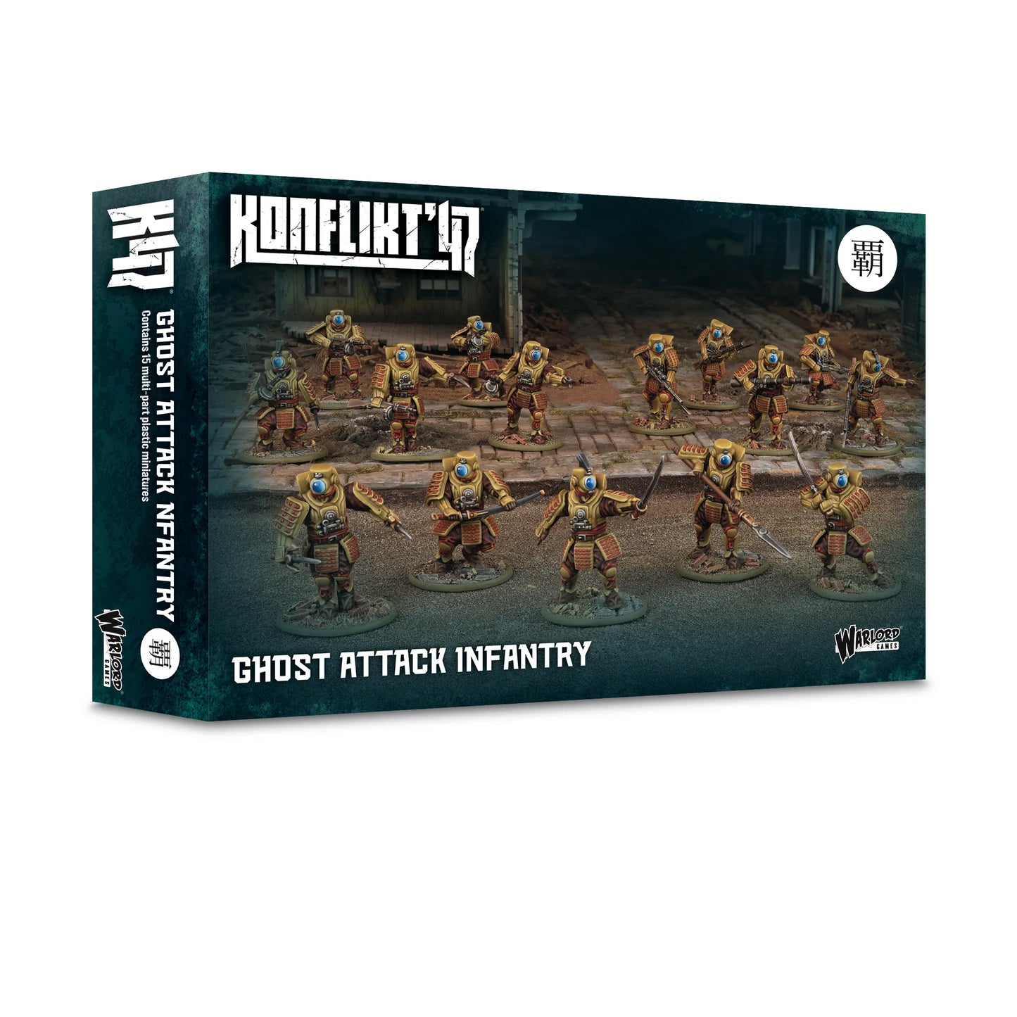 Warlord Games Konflikt '47 Ghost Attack Infantry – pudełko Konflikt '47 Ghost Attack Infantry: 15 multi-part plastic 28mm miniatures, japoński znak kanji na ciemnozielonym tle, logo Konflikt '47 i Warlord Games, Empire of Japan K47
