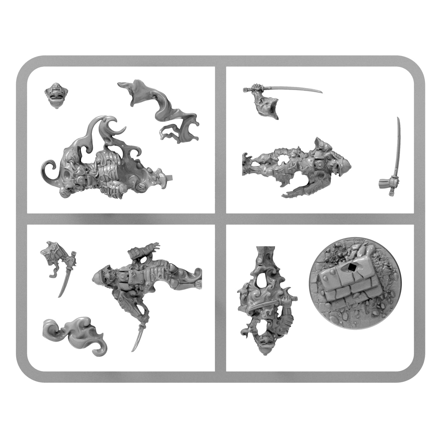 Warlord Games Konflikt '47 Kimura Tadaaki Scourge of the Spirit Realm – wypraska plastikowa 28mm: głowa Kimury z rogiem i maską, tułów w zbroi z falami Riftu i mackami, ręce z mieczem katana i sztyletami, płaszcz, podstawka owalna z kamieniami i czaszkami, 3x Shinobi Shadow (tułowie, nogi, ręce z mieczami), K47 1/56