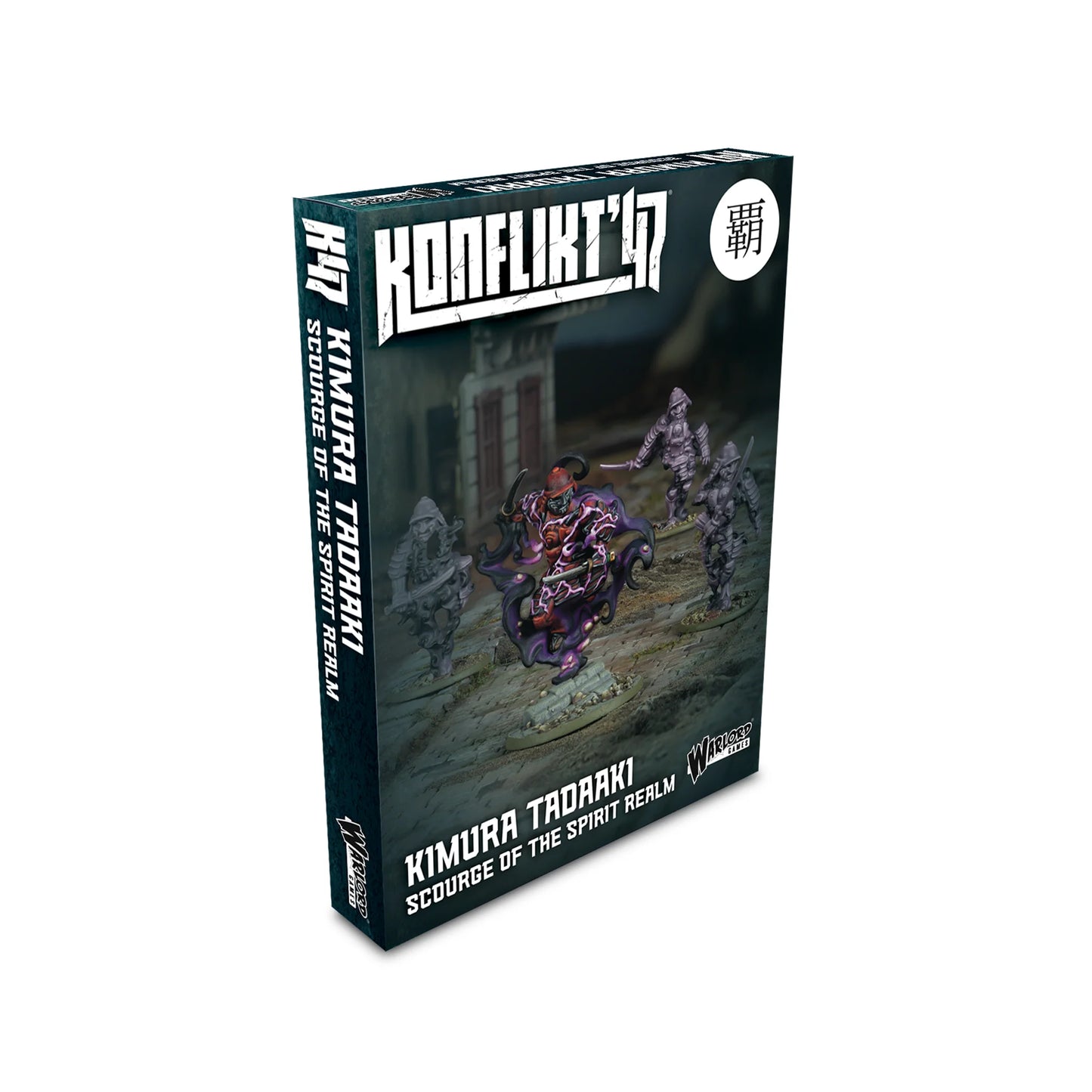 Warlord Games Konflikt '47 Kimura Tadaaki Scourge of the Spirit Realm – pudełko Konflikt '47 Kimura Tadaaki Scourge of the Spirit Realm: 4 multi-part plastic 28mm miniatures, japoński znak kanji na ciemnozielonym tle, logo Konflikt '47 i Warlord Games, Empire of Japan K47