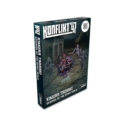 Warlord Games Konflikt '47 Kimura Tadaaki Scourge of the Spirit Realm – pudełko Konflikt '47 Kimura Tadaaki Scourge of the Spirit Realm: 4 multi-part plastic 28mm miniatures, japoński znak kanji na ciemnozielonym tle, logo Konflikt '47 i Warlord Games, Empire of Japan K47