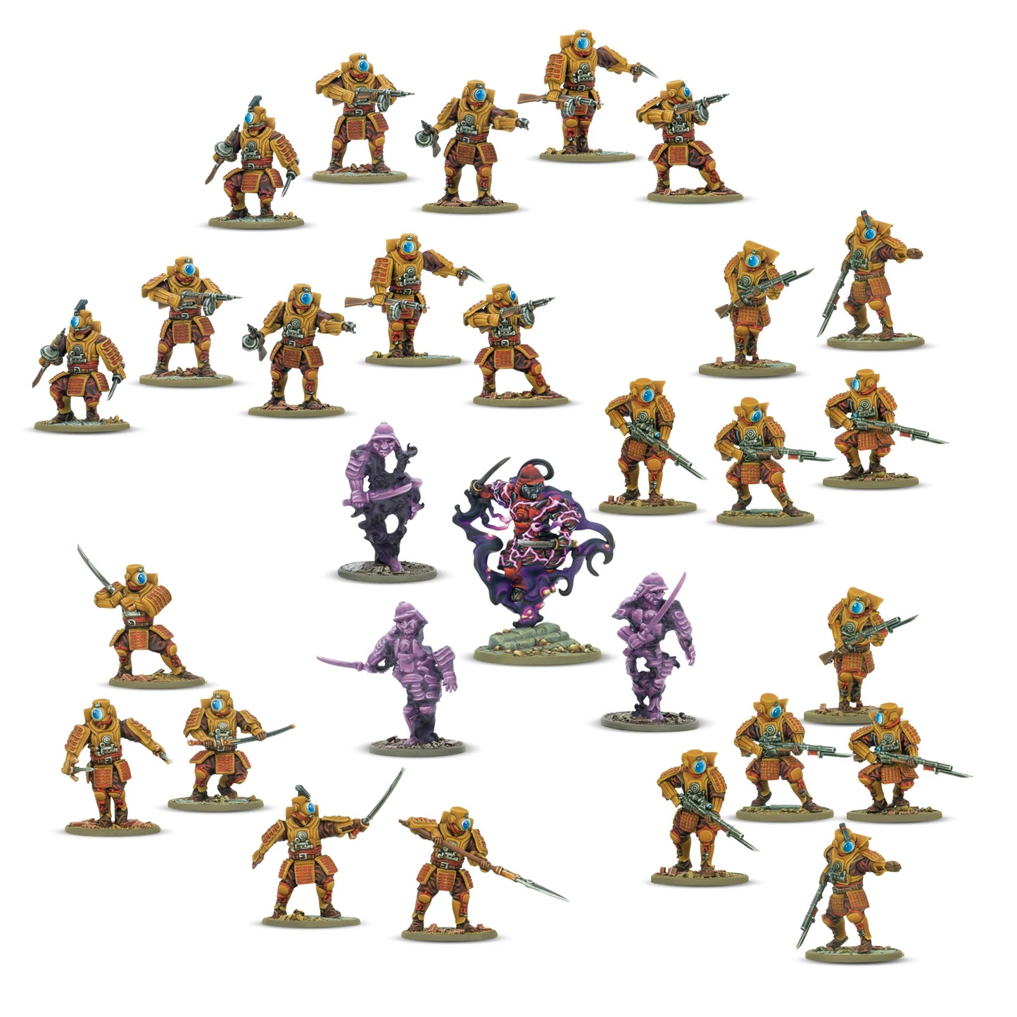Warlord Games Konflikt '47 Ghost Infiltration Platoon – 4 figurki plastikowe 28mm widok z przodu: Kimura Tadaaki Scourge of the Spirit Realm w czerwono-czarnej zbroi z fioletową energią Riftu (centrum), 3x Shinobi Shadow w fioletowej zbroi z mieczami katana, podstawki owalne, K47