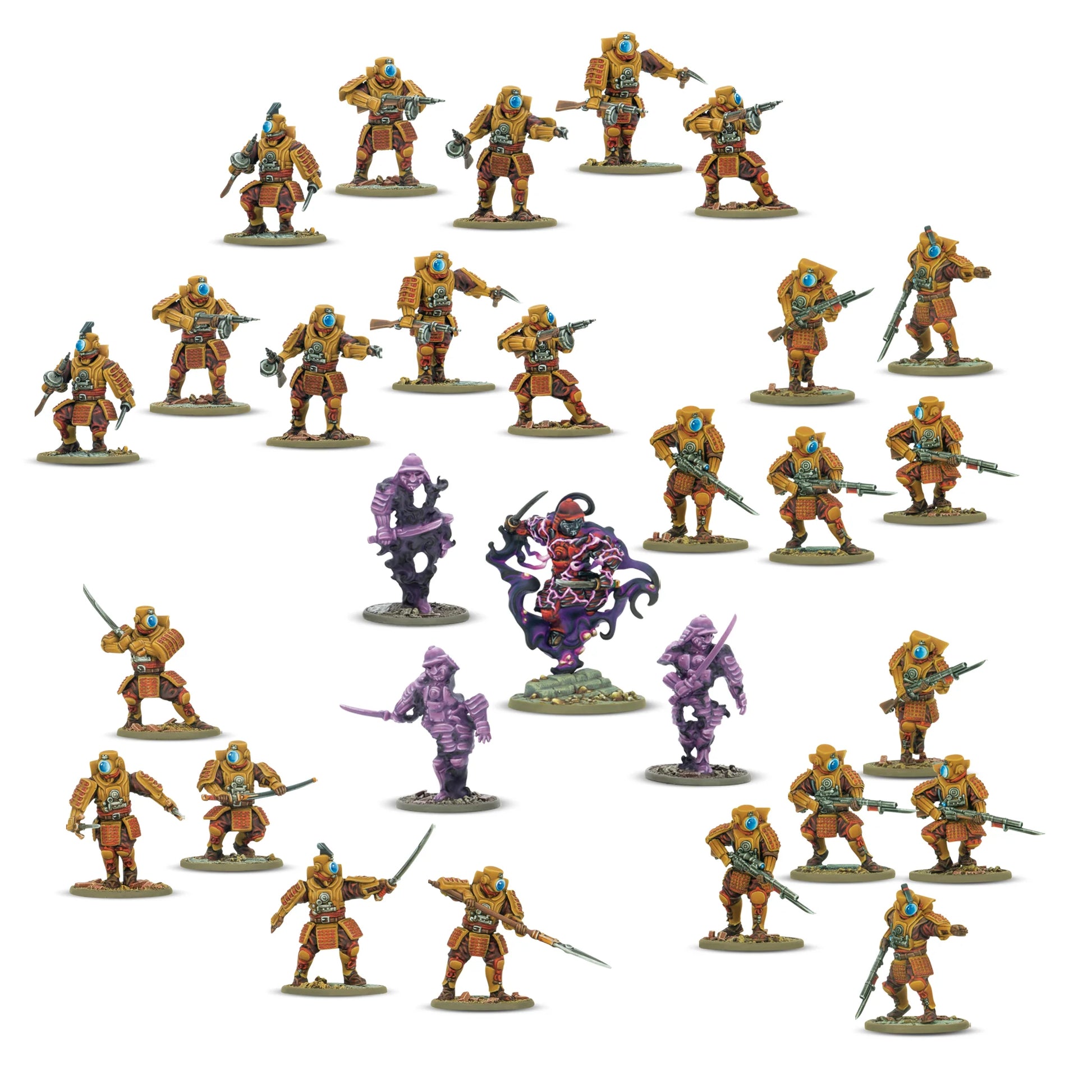 Warlord Games Konflikt '47 Ghost Infiltration Platoon – 4 figurki plastikowe 28mm widok z przodu: Kimura Tadaaki Scourge of the Spirit Realm w czerwono-czarnej zbroi z fioletową energią Riftu (centrum), 3x Shinobi Shadow w fioletowej zbroi z mieczami katana, podstawki owalne, K47