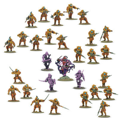 Warlord Games Konflikt '47 Ghost Infiltration Platoon – 4 figurki plastikowe 28mm widok z przodu: Kimura Tadaaki Scourge of the Spirit Realm w czerwono-czarnej zbroi z fioletową energią Riftu (centrum), 3x Shinobi Shadow w fioletowej zbroi z mieczami katana, podstawki owalne, K47